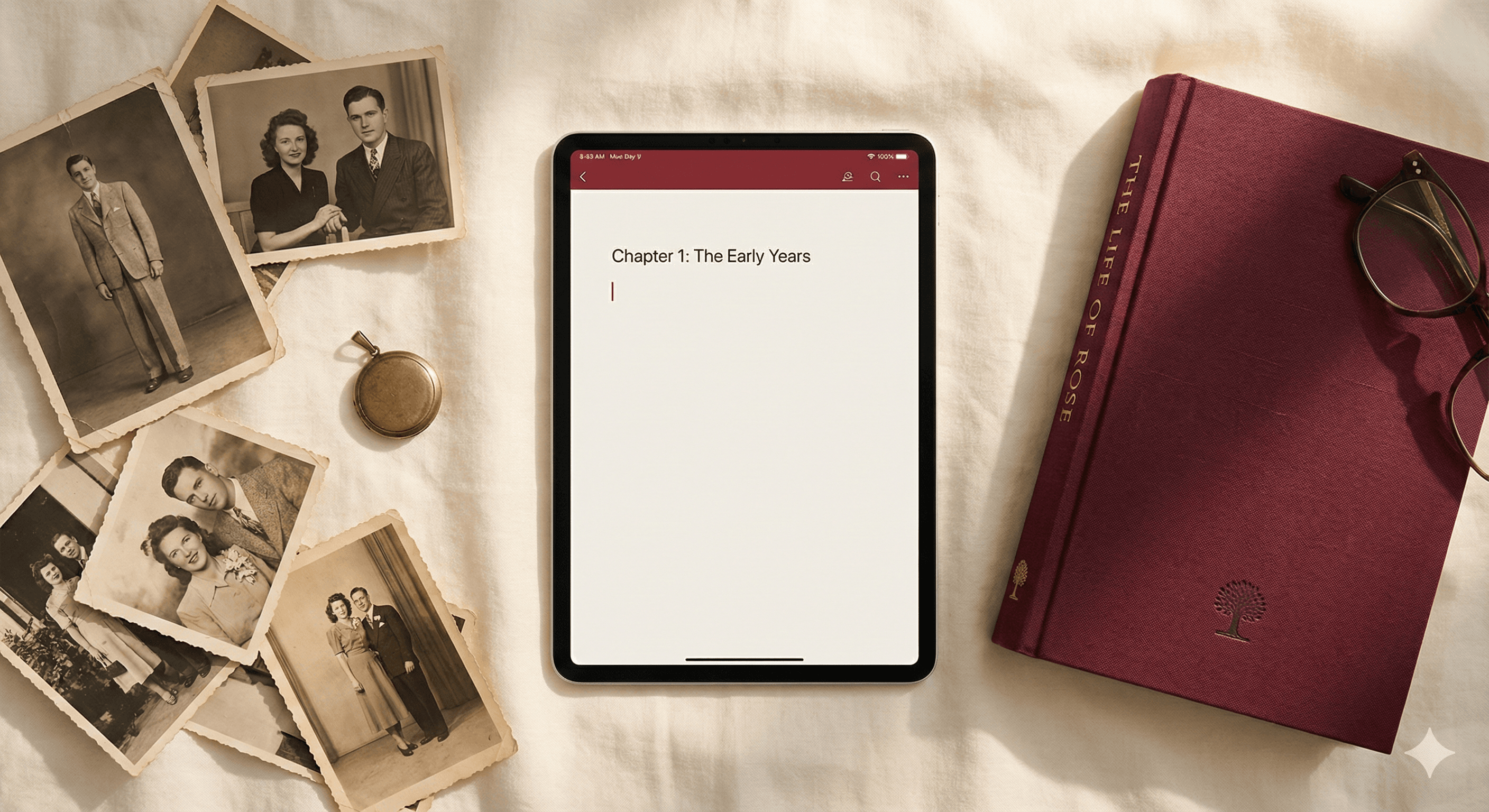 Vintage photographs, a tablet showing a story, and a book arranged on a textured fabric - representing the transformation of memories into stories