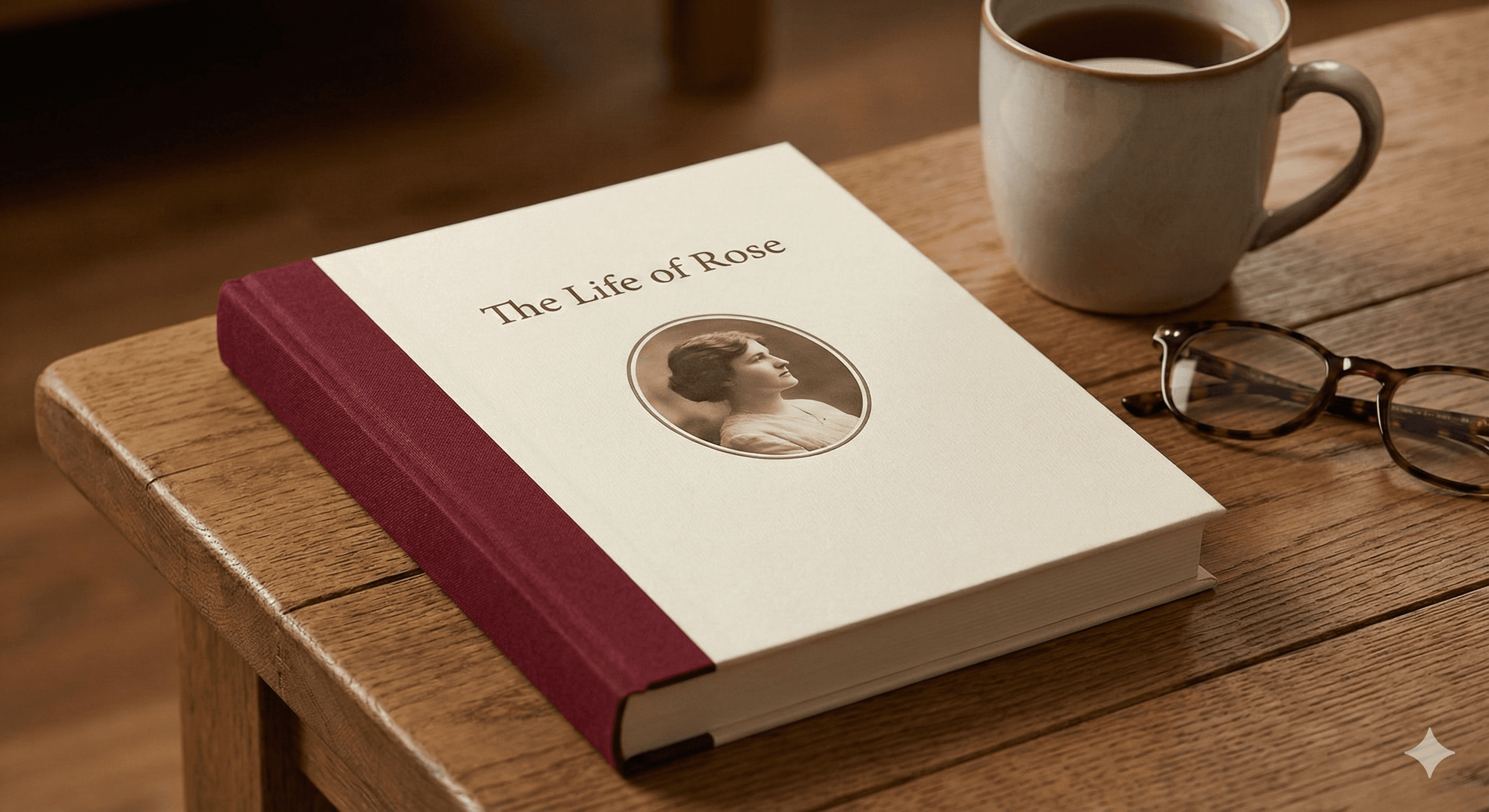 A cream-colored hardcover book titled 'The Life of Rose' with a sepia portrait on the cover, resting on a wooden surface with a mug of tea and reading glasses